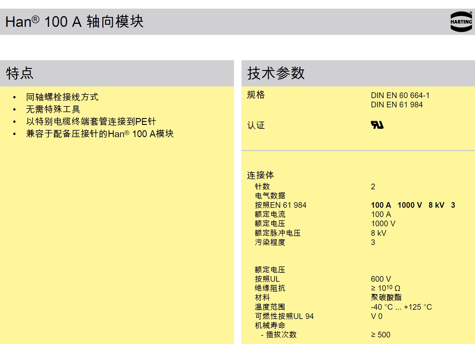 HARTING Han 100 A 轴向模块技术参数-HARTING|HARTING连接器|HARTING中国|浩亭中国|HARTING工厂